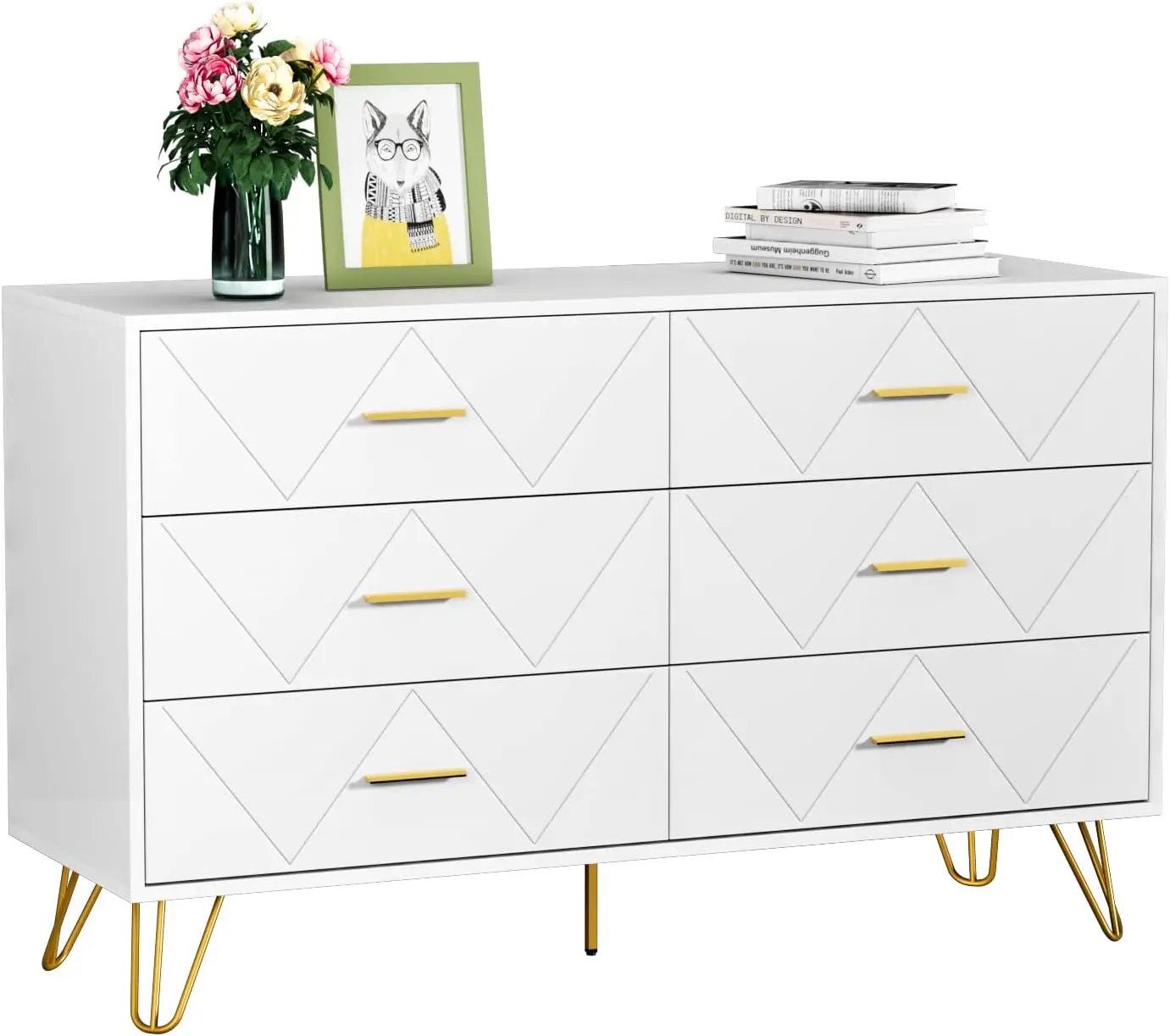 

Modern Dresser for Bedroom, 6 Drawer Double with Wide Drawers and Metal Handles, Wood Dressers & Chest of Hallway, Entryway.