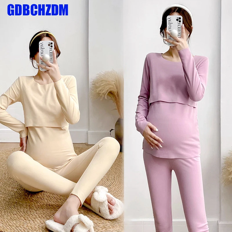 

Postpartum woman lactation pajamas set autumn nursing leisurewear cartoon pregnant maternity breastfeeding tops long trousers