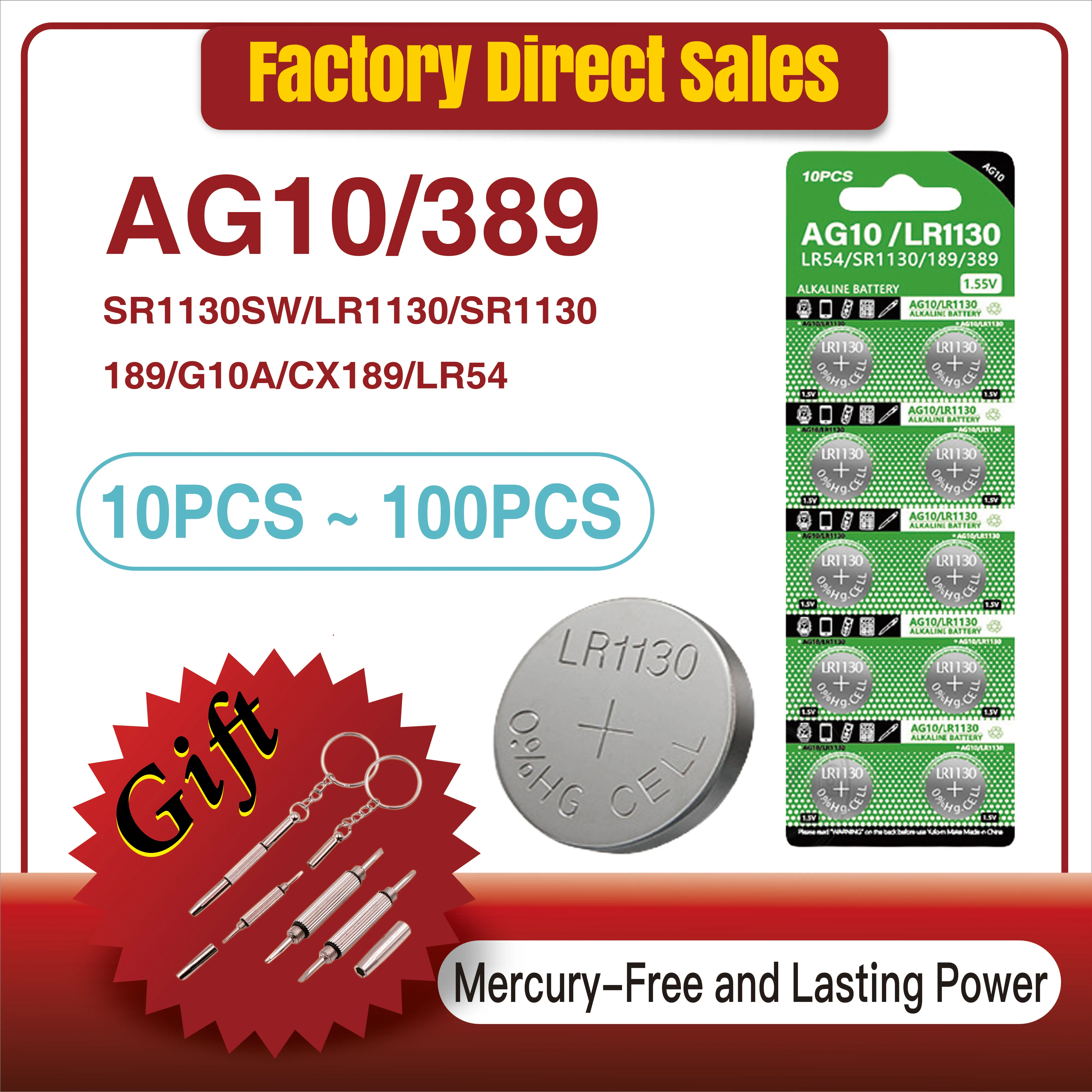 

10-100PCS 1.55V AG10 LR1130 Button Batteries SR54 389 189 SR1130 D189 LR54 G10A SR1130SW Cell Coin Watch Toys Remote Battery