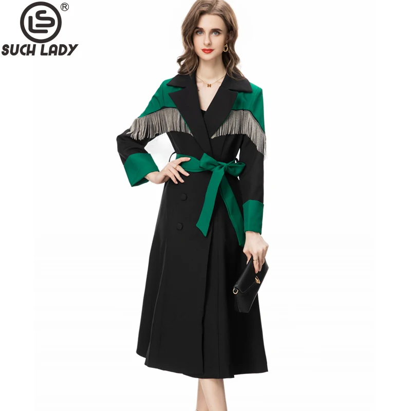 

Women's Runway Trench Coats Notched Collar Long Sleeves Tassels Detailing Color Block Double Breasted Fashion Outerwear