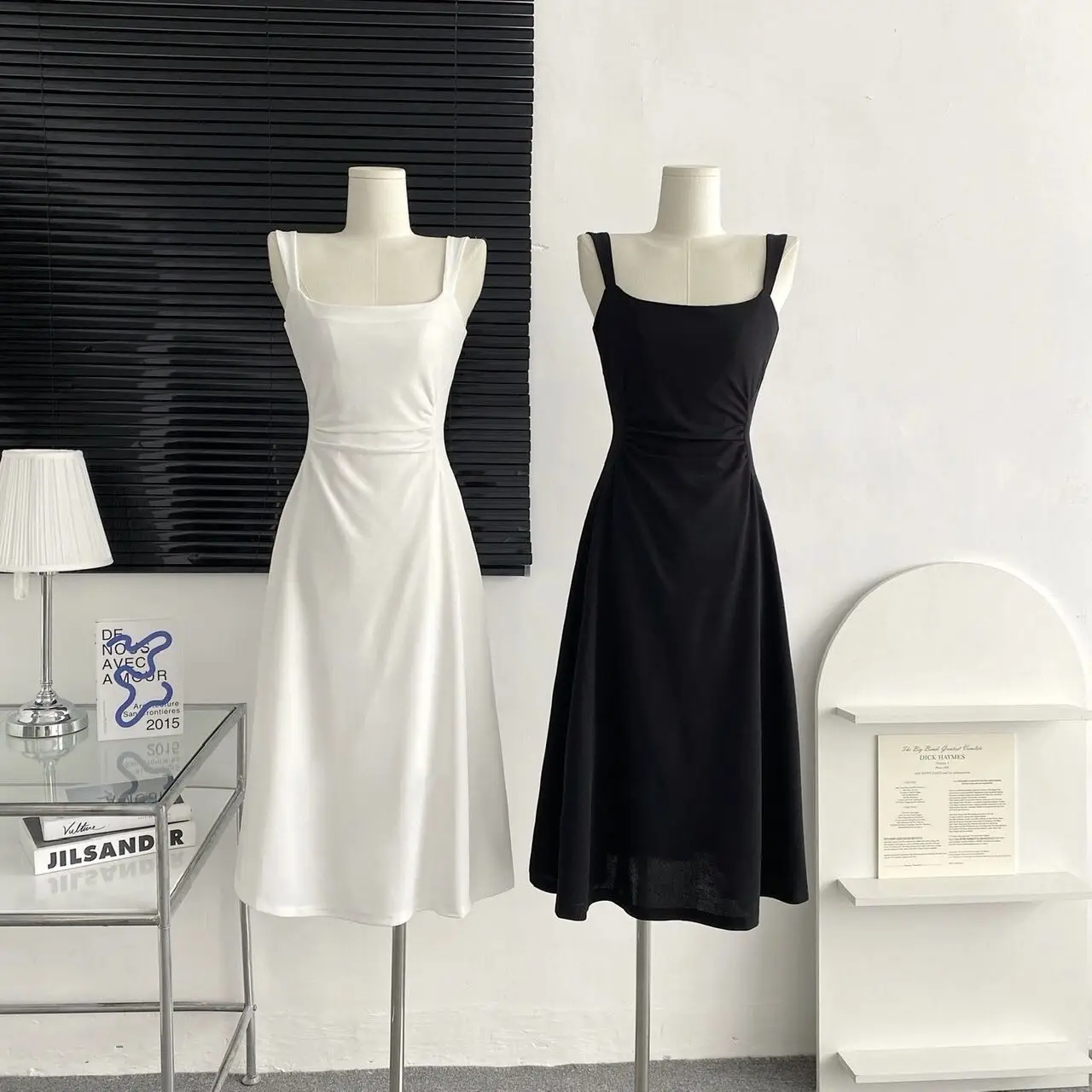 

White Black Strap Dress 2023 Women's New A-line French Waistband Long Dress