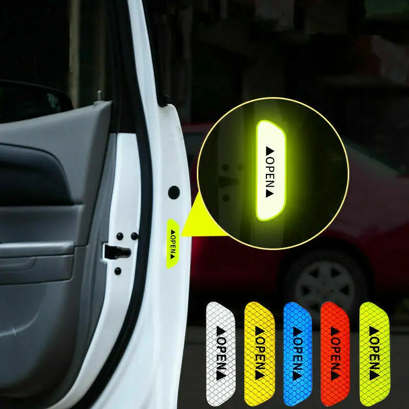 

4Pcs Car Door Stickers Universal Safety Warning Mark OPEN High Reflective Tape Motorcycle Bike Helmet Sticker Auto Accessories