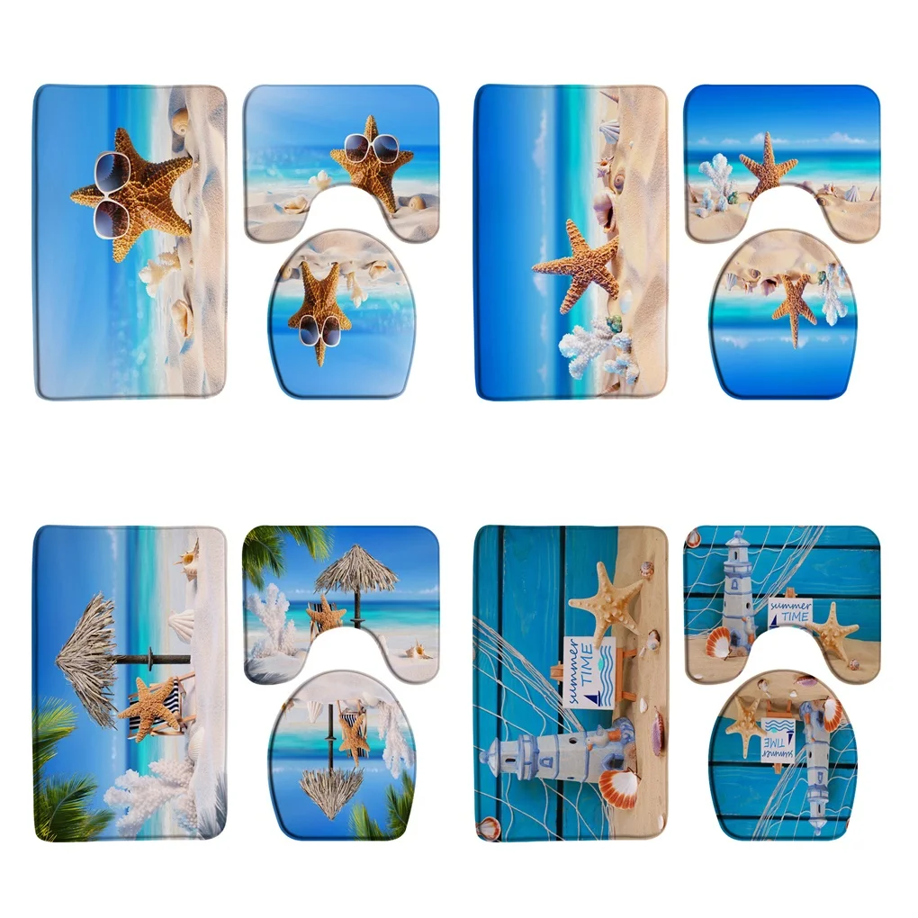 

3Pcs Blue Ocean Starfish Bathroom Rug Sets Seashells Sea Scene Beach Absorbent Doormat Toilet Lid Cover Non-Slip Bath Mat Carpet