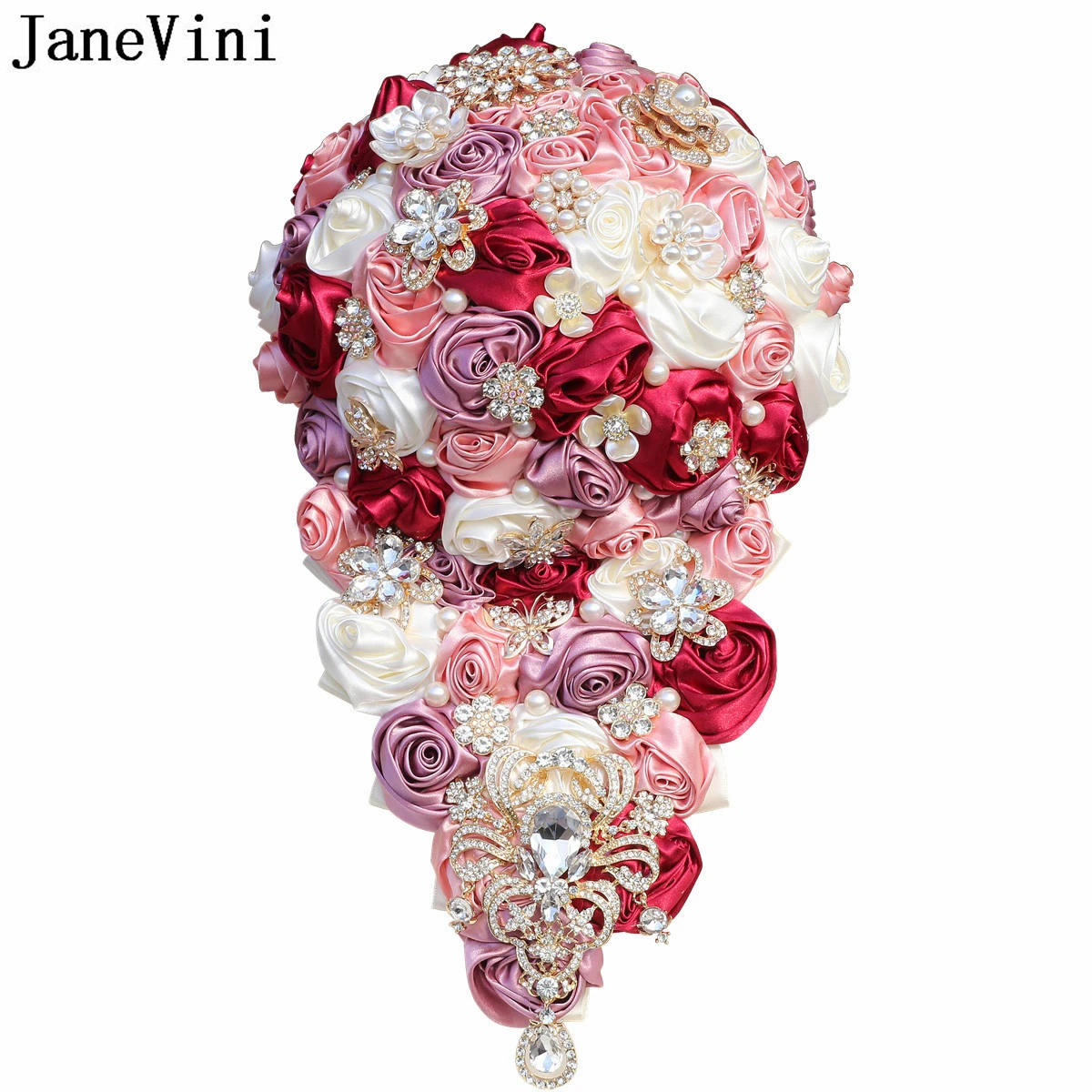 

JaneVini Burgundy Flowers Waterfall Pearl Wedding Bouquet for Bride Luxury Crystal Diamond Cascading Bridal Bouquets Jewelry