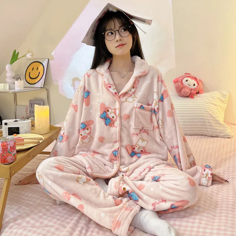 

2024 Sanrios My Melody Plush Sleepwear Cartoon Winter Leisure Coral Velvet Pajamas Cute Giris Household Clothes Christmas Gift