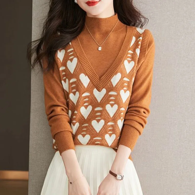 

Autumn and Winter Fashion Half High Collar Spliced Fake Two Pieces Loose Versatile Style Reduced Age Women's Long Sleeve Sweater