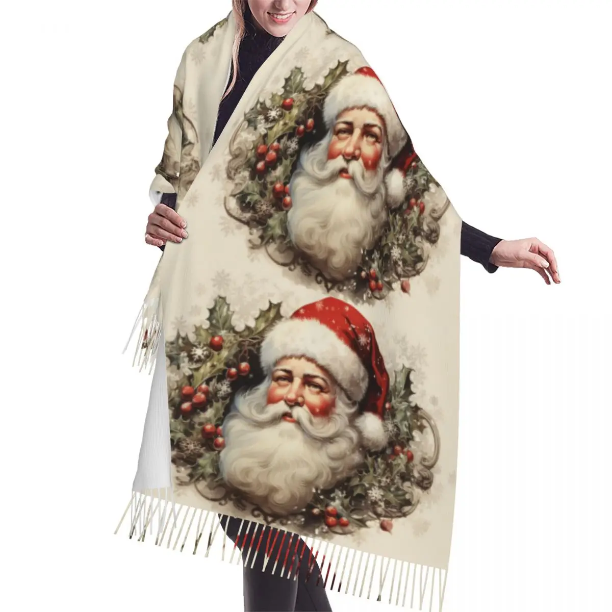 

Vintage Santa Clause Christmas Holiday Gift Scarf Wrap Women Long Winter Fall Warm Tassel Shawl Unisex Fashion Versatile Scarves