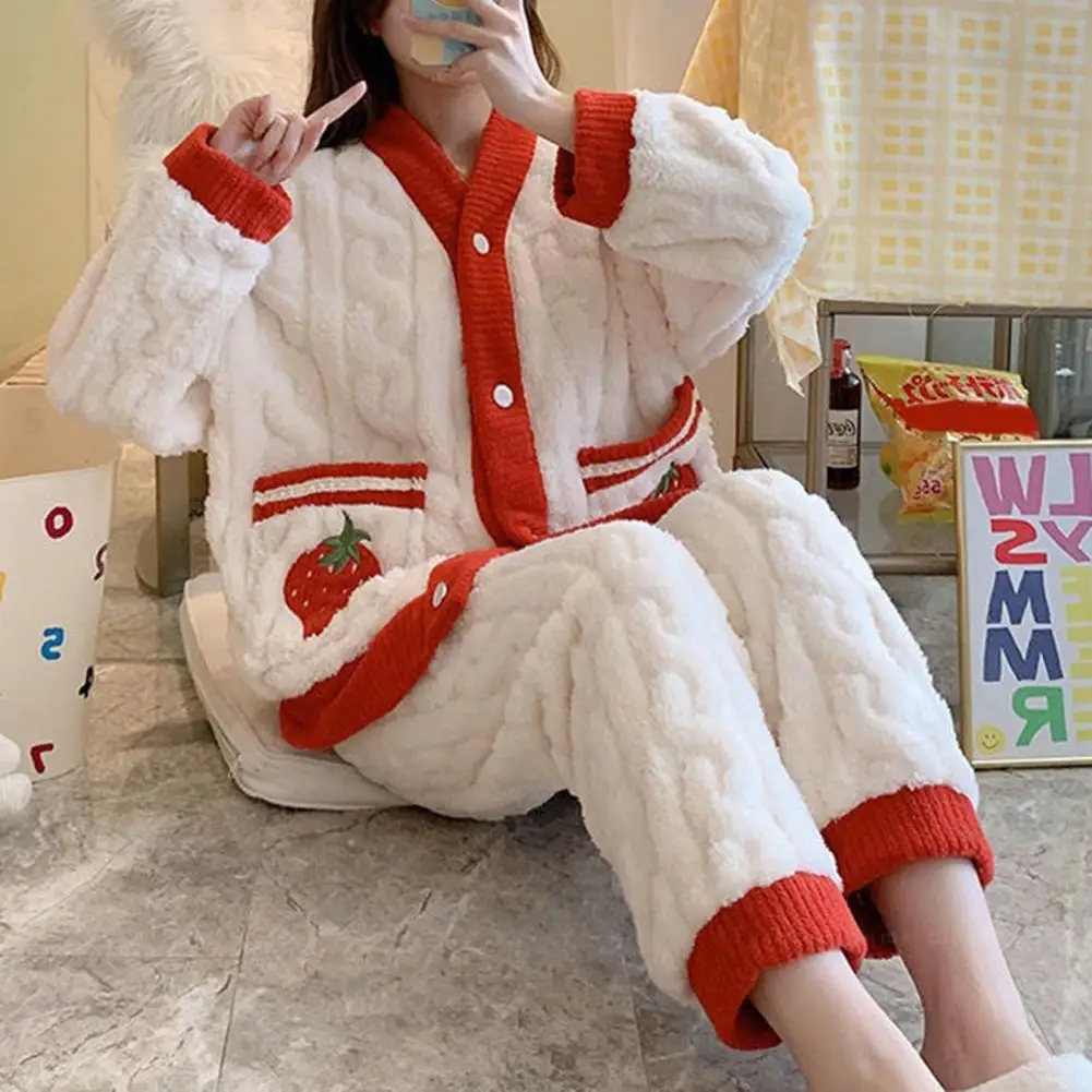 

Plush Pajama Set Cartoon Fruit Print Winter Pajama Set for Women Thickened Coral Fleece Homewear Coat Pants Set