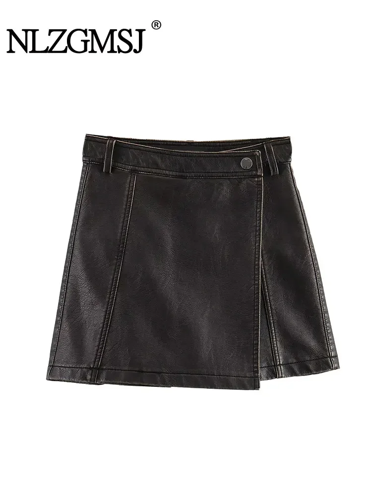 

Nlzgmsj TRAF Women Faux Leather Skirts Shorts Sexy Wrap Mini Skort Woman's Fashion Street Y2k Metal Snap Shorts Streetwear