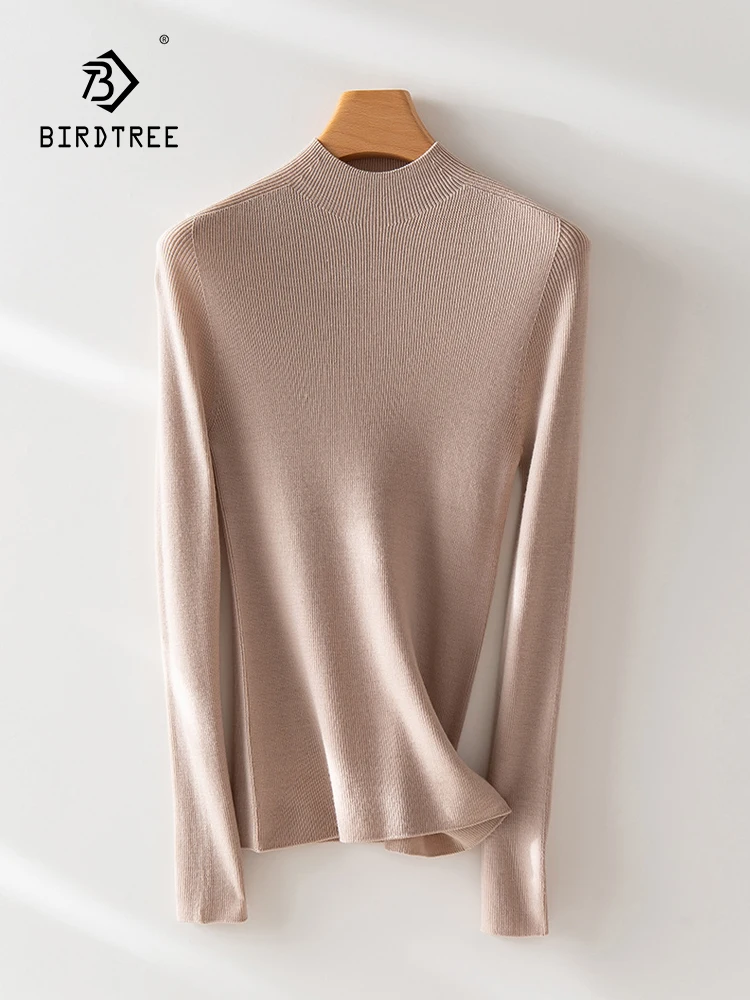 

Birdtree 100%Wool Seamless Half High Neck Knitted Bottom Shirt For Women Autumn Winter Warm Versatile Commuting Sweater P3N661QC