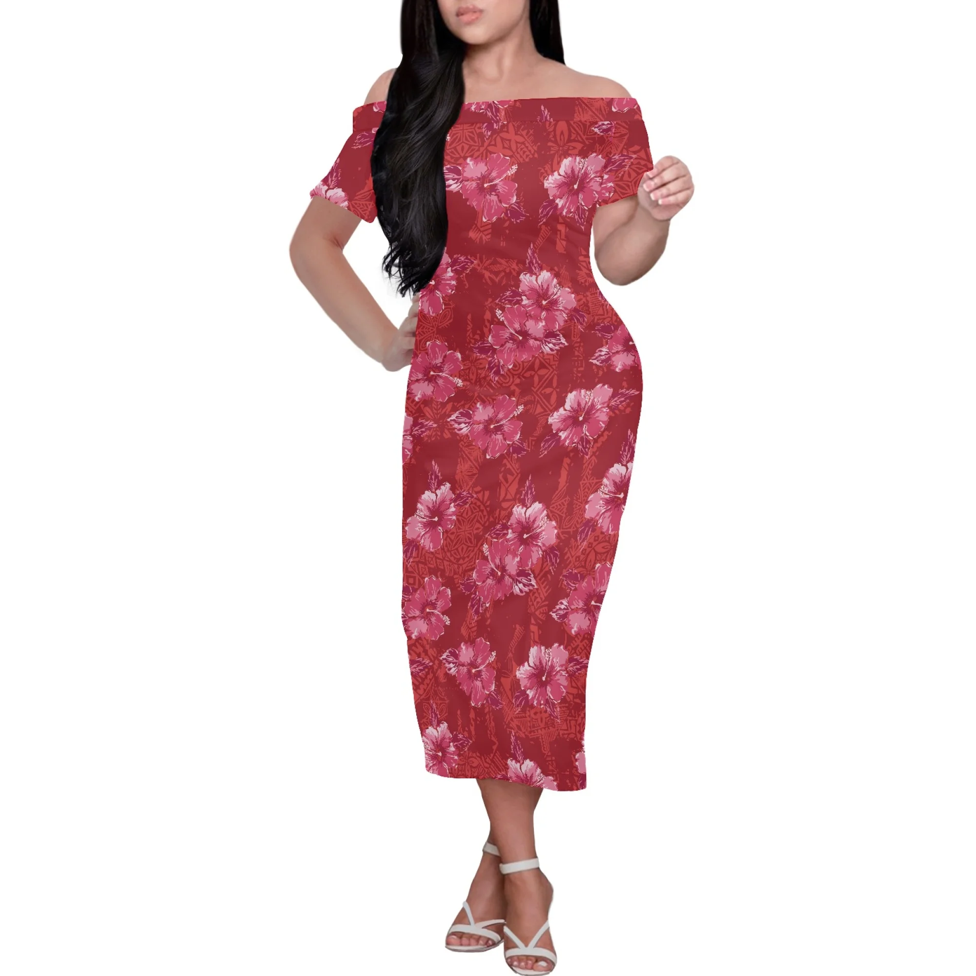 

Ladies Strapless Tight Sexy Glamour Off Shoulder Girl Clothing Hibiscus Tattoos Printing Hawaii Polynesia Tribal Women Dress