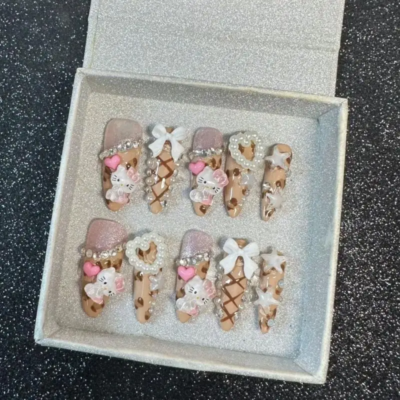 

Sanrio Hello Kitty Y2K Girl Heart Love Bow Fake Nail Patch Rhinestones Handmade Three-Dimensional Removable Nail Art Girls Gift