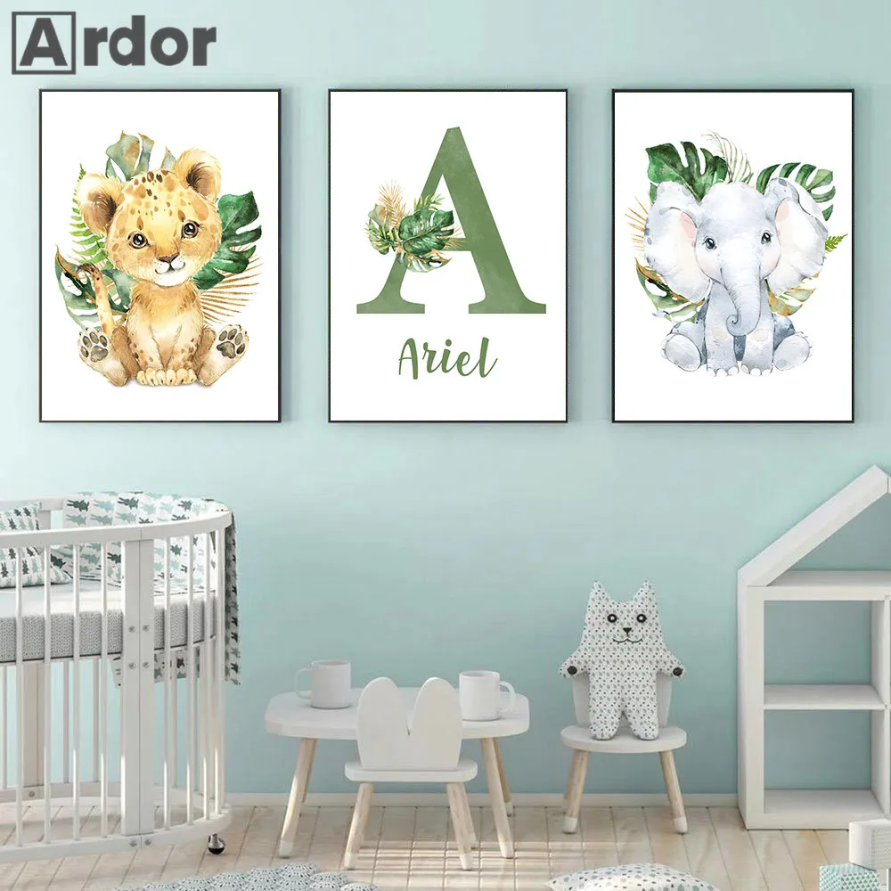 

Custom Name Posters Elephant Canvas Pictures Jungle Animals Poster Lion Art Prints Nursery Wall Painting Baby Kids Room Decor