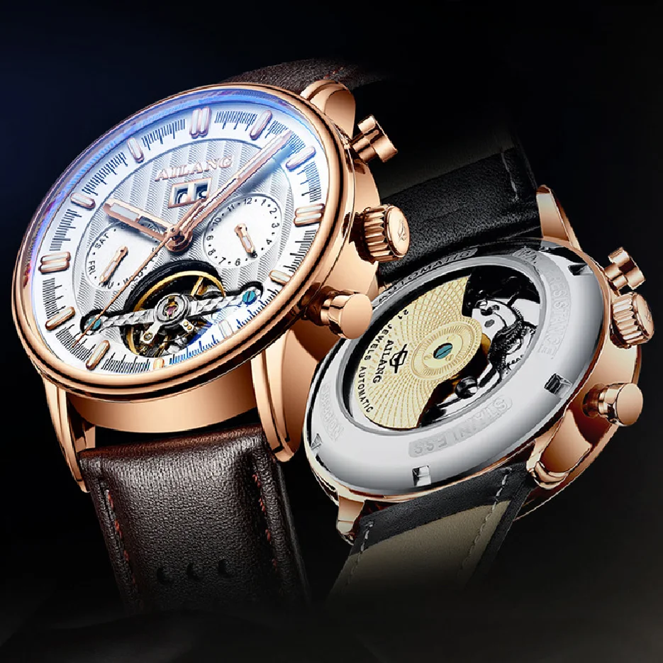 AILANG Top Brand Luxury Mechanical Watch Men's Brown Leather Watch Waterproof Fashion Automatic Tourbillon Watch Week Calendar
AILANG Top Brand Luxury Mechanical Watch Men's Brown Leather Watch Waterproof Fashion Automatic Tourbillon Watch Week Calendar