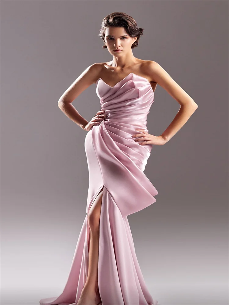 

New Product Strapless V Neckline Satin Sheath Prom Dress Elegant Open Back Zipper High Slit Floor Length Sweep Train Party Gown