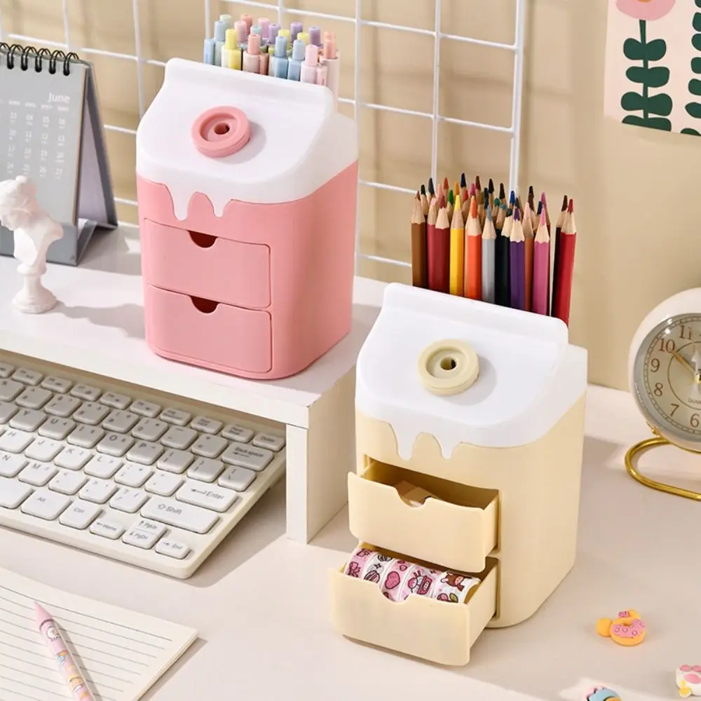

Milk Carton Shaped Drawer Pen Holder Desk Storage With Pencil Sharpener Multi Grid Pen Holder Cabinet Drawer Desktop Organizer