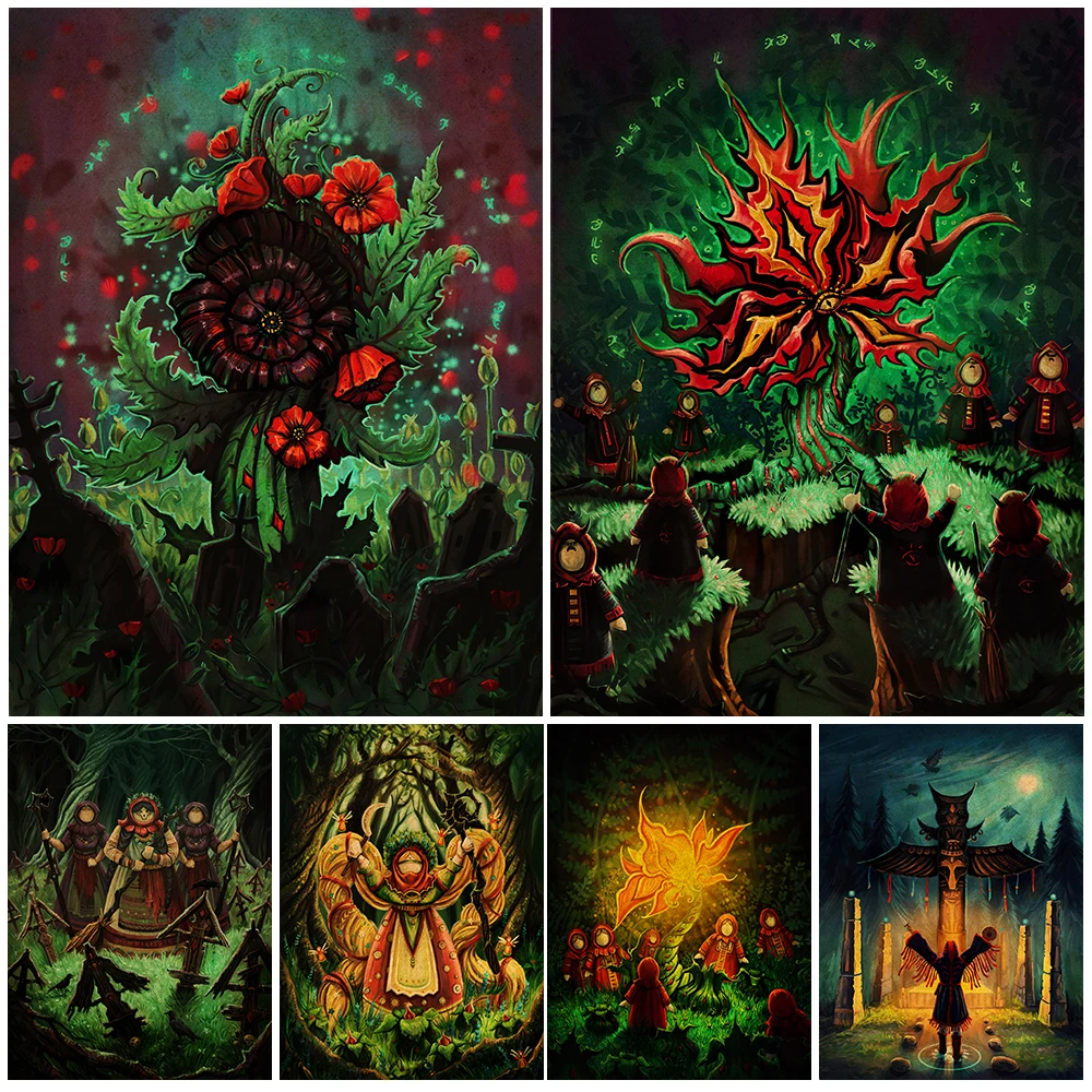 

Mysterious Poppies And Witches In The Forest Vintage Wall Art Canvas Painting Forest Guardian Of Pagan Elves Art Poster Print