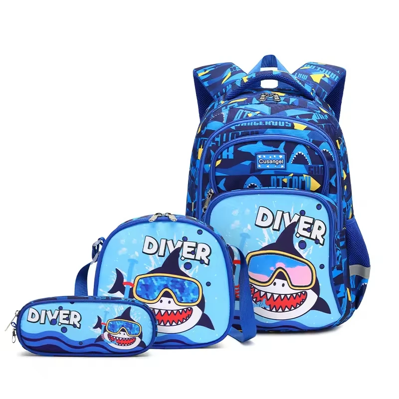 

Shark Cartoon,High Quality High Capacity Primary School Students Backpack 3 PCS Set,One Backpack, One Pen Case, One Meal Bag