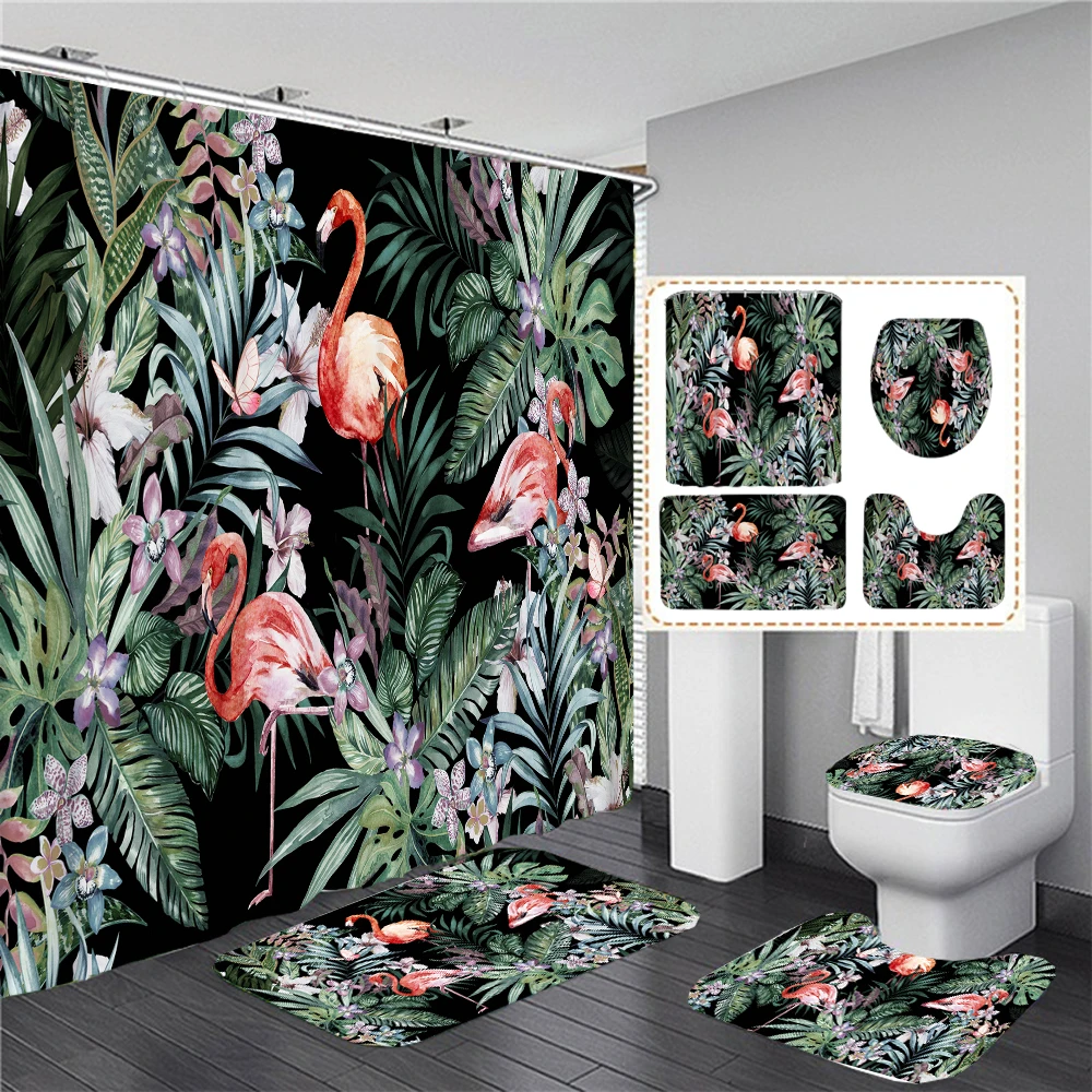 

Nordic style Plant Flamingo Shower Curtains 3D Printing Bathroom Accessories Partition Waterproof Bath Curtain Rugs and Mat Set
