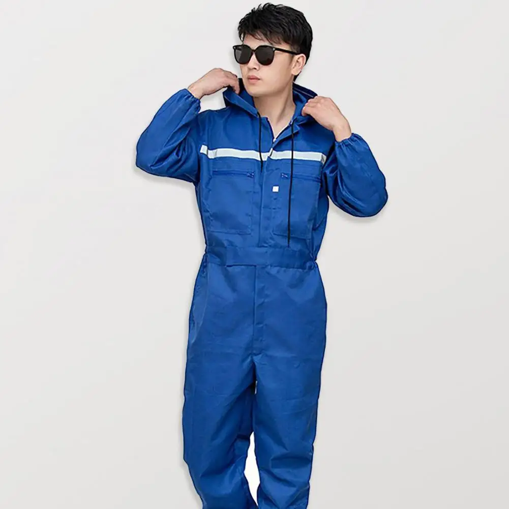 

Unisex Workwear Reflective Zipper Pockets Unisex Work Overalls Hooded Drawstring Safety Coveralls for Auto Repairmen for Working