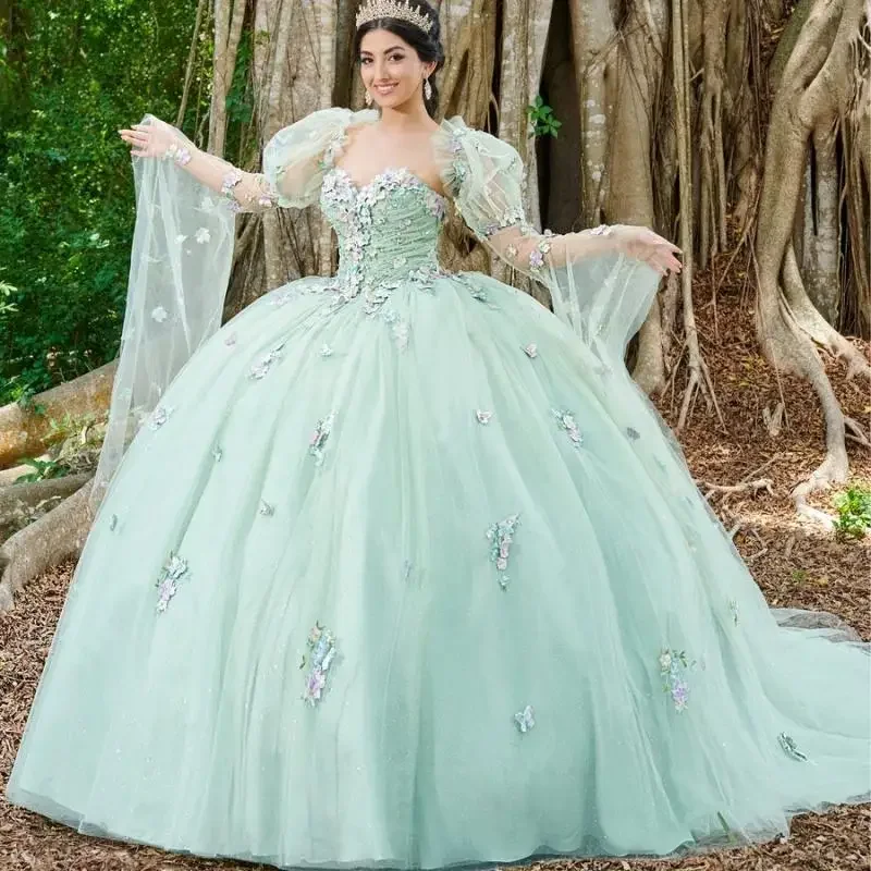 

ANGELSBRIDEP 3D Flowers Mint Green Quinceanera Dresses With Cape Ball Gown Corset Princess Dress Vestidos De Quinceañera Custom