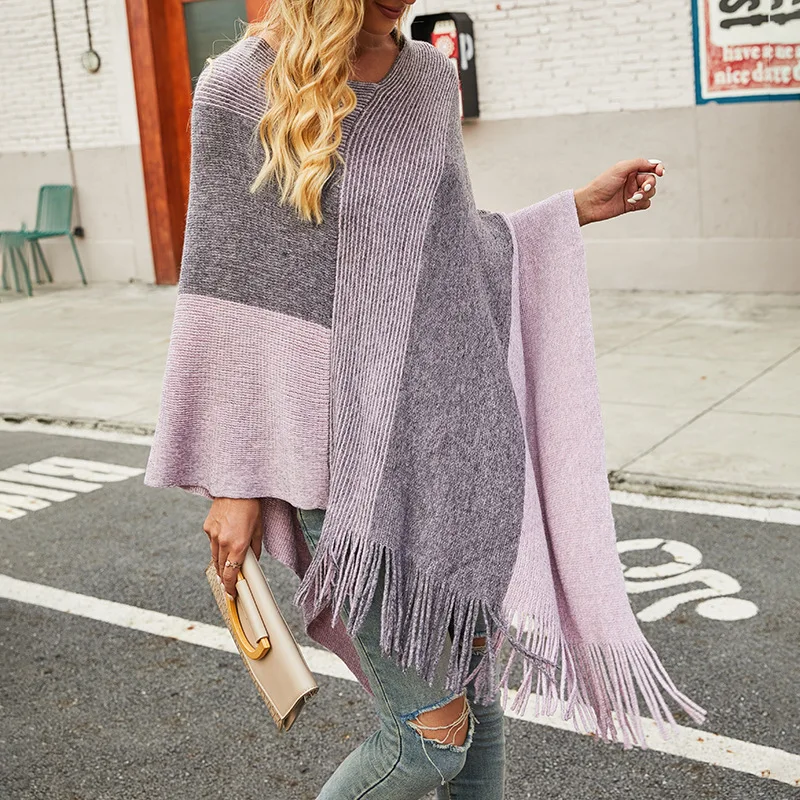 

2023 Autumn Winter New Women Contrast Color Knitted Cape and Shawl Knitwear Coat Women pullover Sweater ponchos y capas mujer