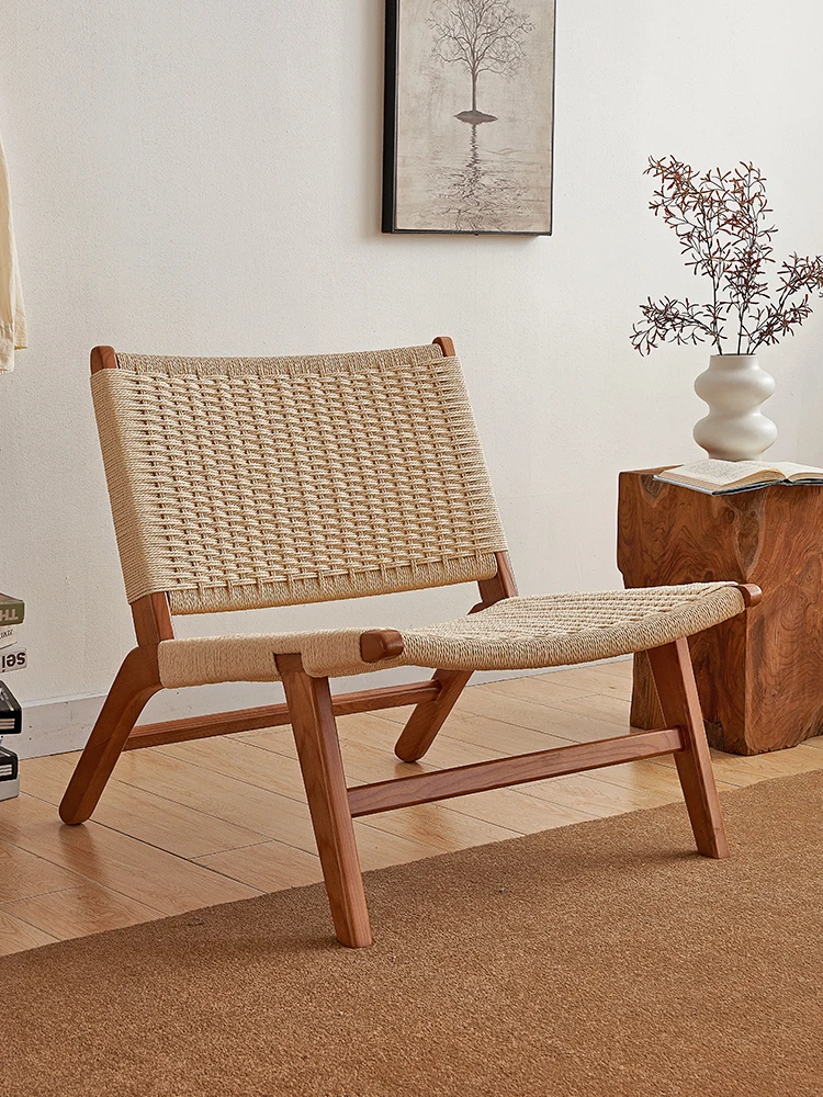 

Nordic rope woven sofa chair, white wax wood rattan woven chair, simple balcony, solid wood leisure chair, single person sofa