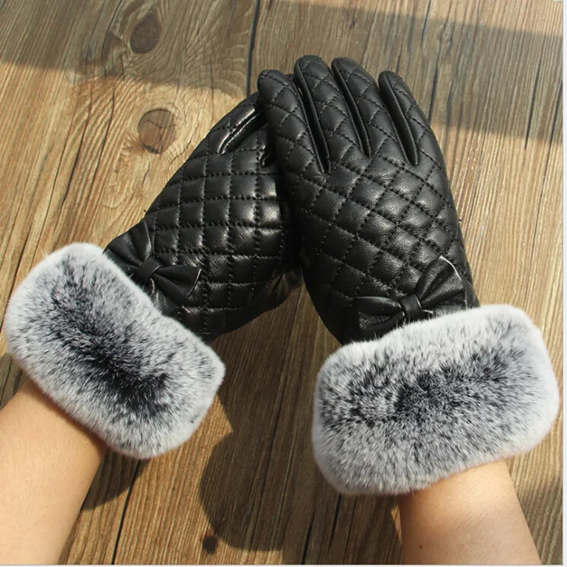 

100% quality real rex rabbit fur gloves cute bow women's genuine sheepskin red gloves luva feminina inverno