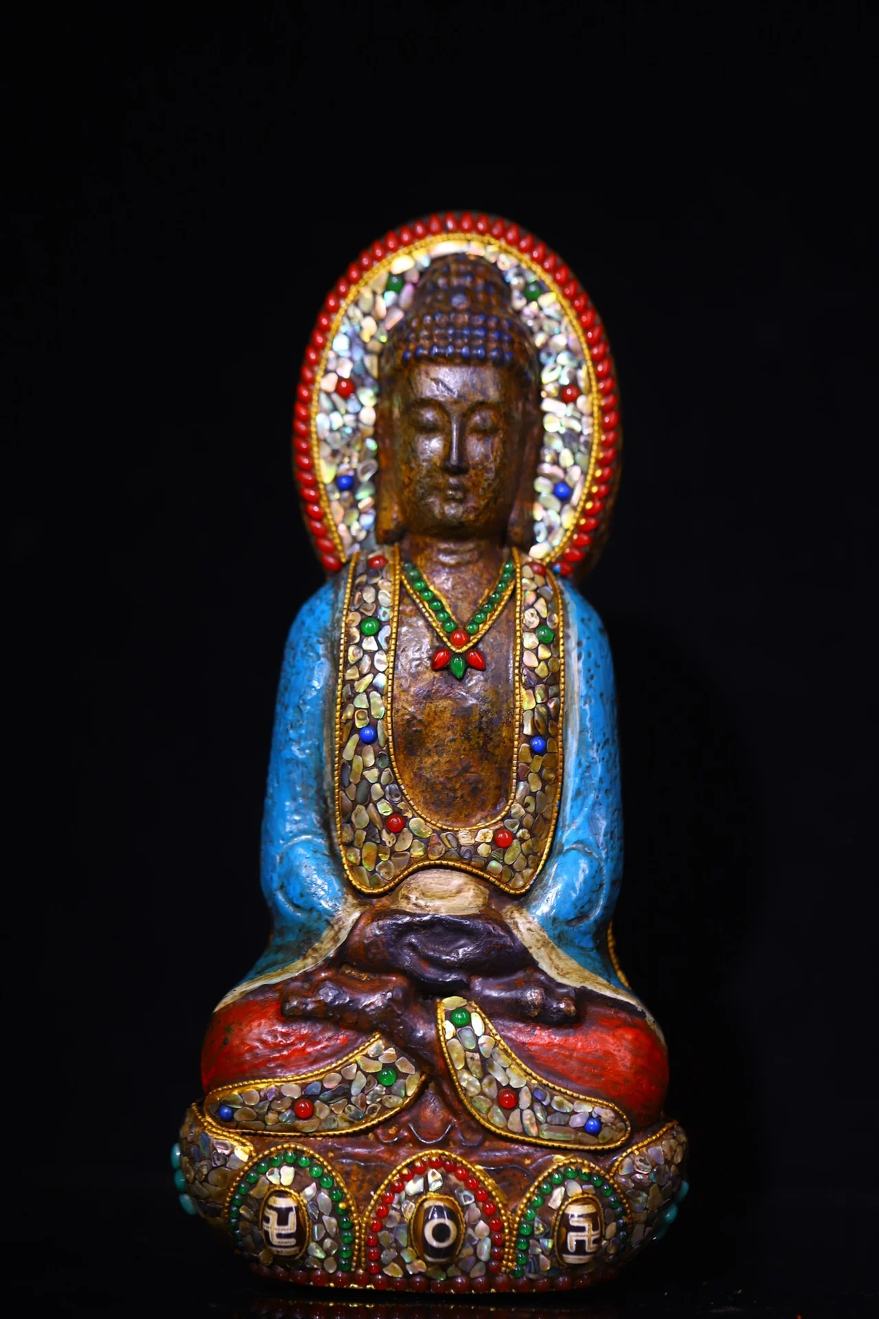 9"Tibet Temple Collection Old Natural Meteorites Painted Tibetan silver Mosaic Gem gZi Beads Shell Da Ri Tathagata Buddha
9"Tibet Temple Collection Old Natural Meteorites Painted Tibetan silver Mosaic Gem gZi Beads Shell Da Ri Tathagata Buddha