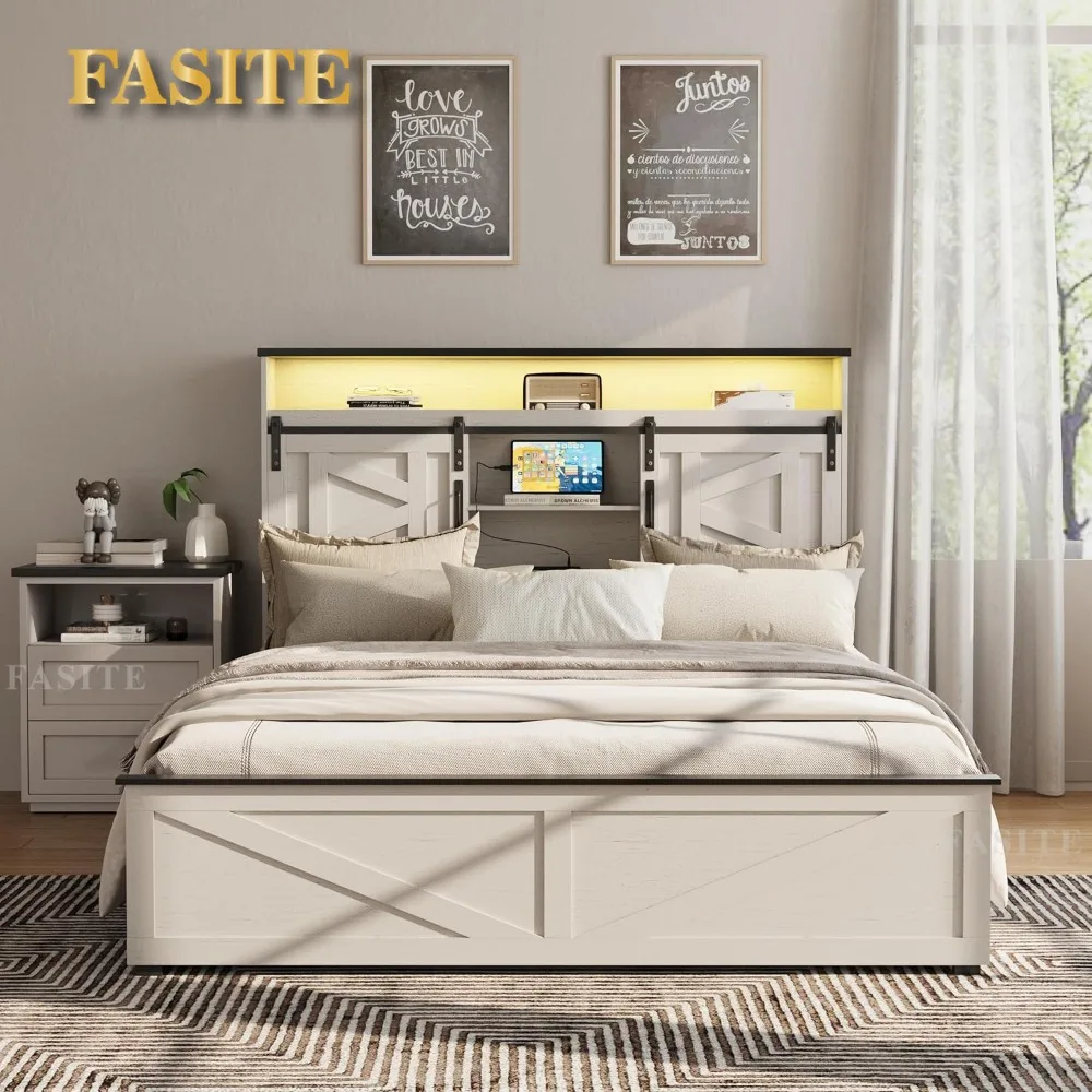 Full Size Bed Frame, 4 Drawers, Bookcase Headboard, Sliding Barn Door Storage Shelves, LED Lights, Charging Station, Bed Frame Full Size Bed Frame, 4 Drawers, Bookcase Headboard, Sliding Barn Door Storage Shelves, LED Lights, Charging Station, Bed Frame