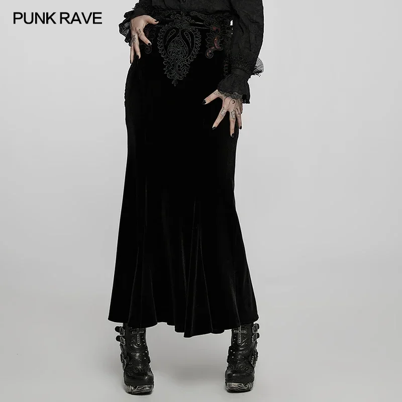 

PUNK RAVE Women's Gothic Gorgeous Hollowed Out Applique Elastic Velvet Fishtail Skirt Nobility High Waisted Black Long Skirts