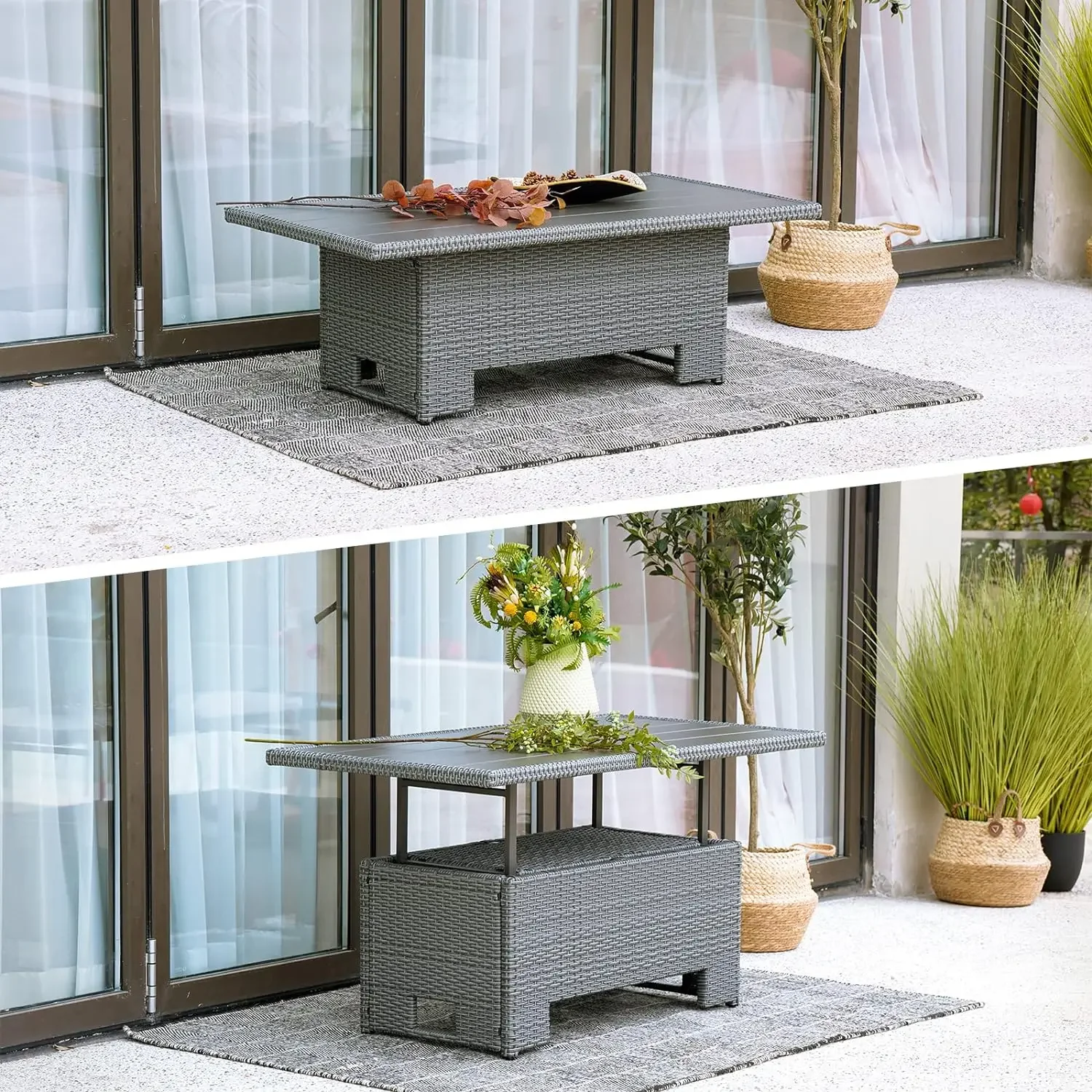 Outdoor & Indoor Coffee Dining Table - All Weather Resin Wicker Rattan, Adjustable Steel Slat Lift Top, Picnic, Storage Shelf
Outdoor & Indoor Coffee Dining Table - All Weather Resin Wicker Rattan, Adjustable Steel Slat Lift Top, Picnic, Storage Shelf