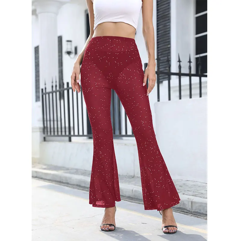 

Elegant High Waist Flared Vintage Party Sequins Pants Sexy Mesh Transparent Wine Red Casual Women's Fashion Trousers Y2k Clothes