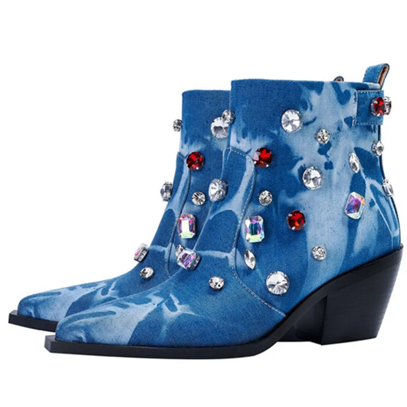 Denim Women Ankle Boots Pointed Toe Crude Heel Rhinestone Female Booties Wedges Wearproof Fashion Ladies Shoes Big Size 35/43
Denim Women Ankle Boots Pointed Toe Crude Heel Rhinestone Female Booties Wedges Wearproof Fashion Ladies Shoes Big Size 35/43