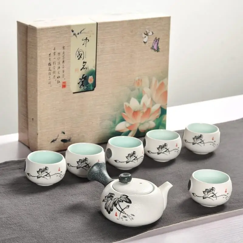 

Chinese Travel Kung Fu 7pcs Tea Sets Ceramic Portable Porcelain Service Gaiwan Tea Cups Ceremony Teapot Gift Box Teaware Sets