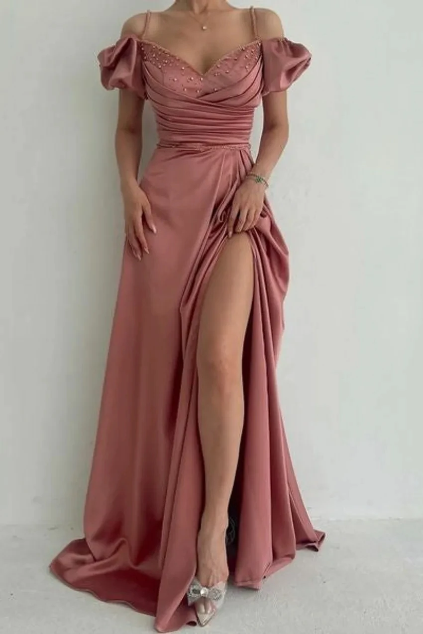 

Dusty Pink Evening Dress New Sexy Spaghetti Straps Beaded Sweetheart Front Split Long Satin Prom Party Gowns Robe De Soriee