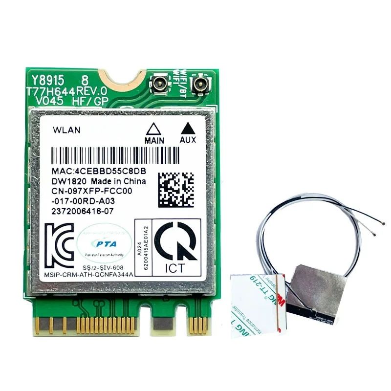 For Dell DW1820 QCNFA344A 802.11AC Bluetooth 4.1 Dual Band 867Mbps WLAN WiFi Wireless NGFF M2 Network Card for Windows 10 
For Dell DW1820 QCNFA344A 802.11AC Bluetooth 4.1 Dual Band 867Mbps WLAN WiFi Wireless NGFF M2 Network Card for Windows 10