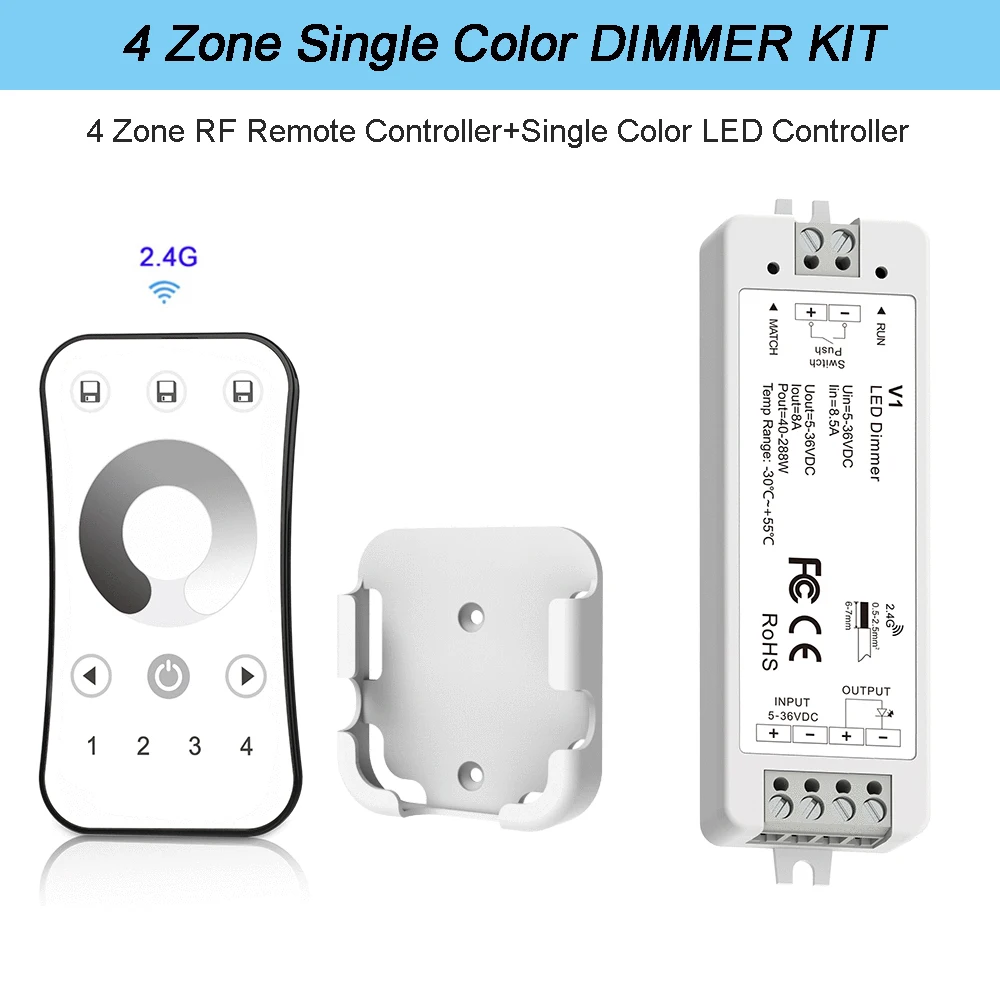 

Single Color LED Strip Dimming Kit 12V 24V LED Dimmer 4 Zone Wireless 2.4G RF Touch Wheel Remote Controller Push Switch Dimer