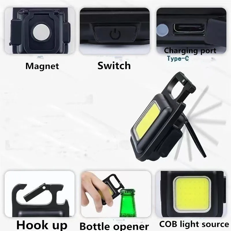 

500mAh Mini LED Flashlight Work Light Portable Pocket Flashlight Keychains USB Rechargeable For Outdoor Camping Small Corkscrew