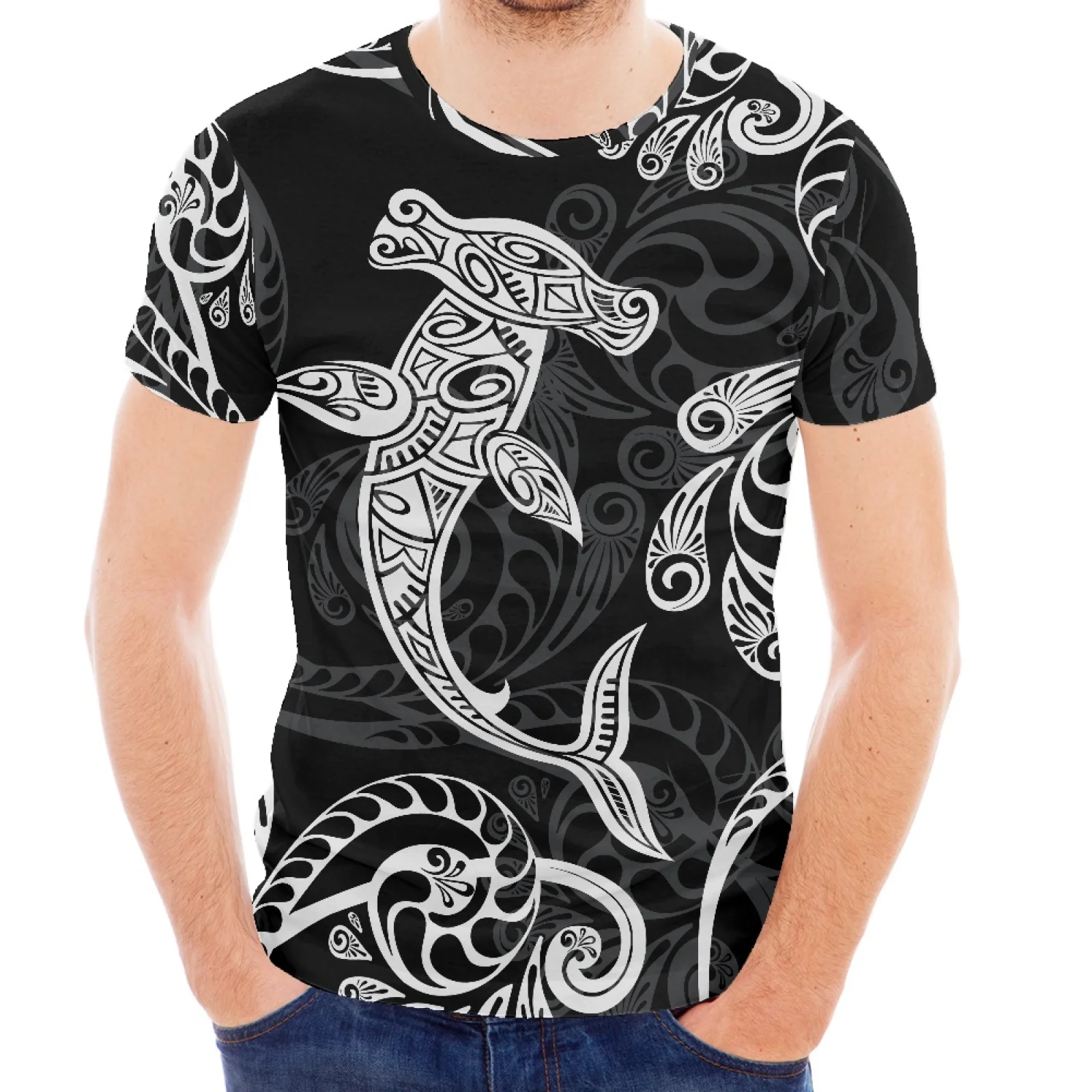 

Tiger Head Shark Print Polynesian Tribe Hawaii Summer Sports Slim-Fit Shirt Luxury Men's Short Sleeve T-Shirt Short Sleeve