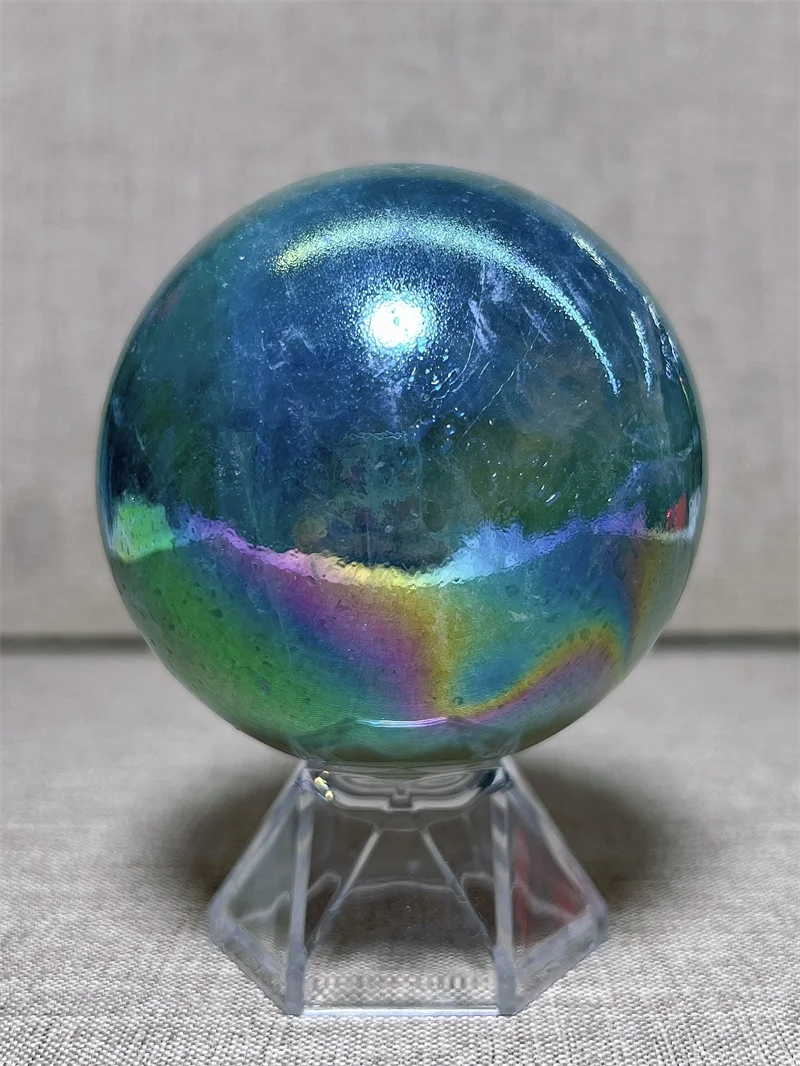 

Natural Aura Fluorite Sphere With Rain Bow Free Form Carving Reiki Healing Stone Home Decoration Exquisite Gift