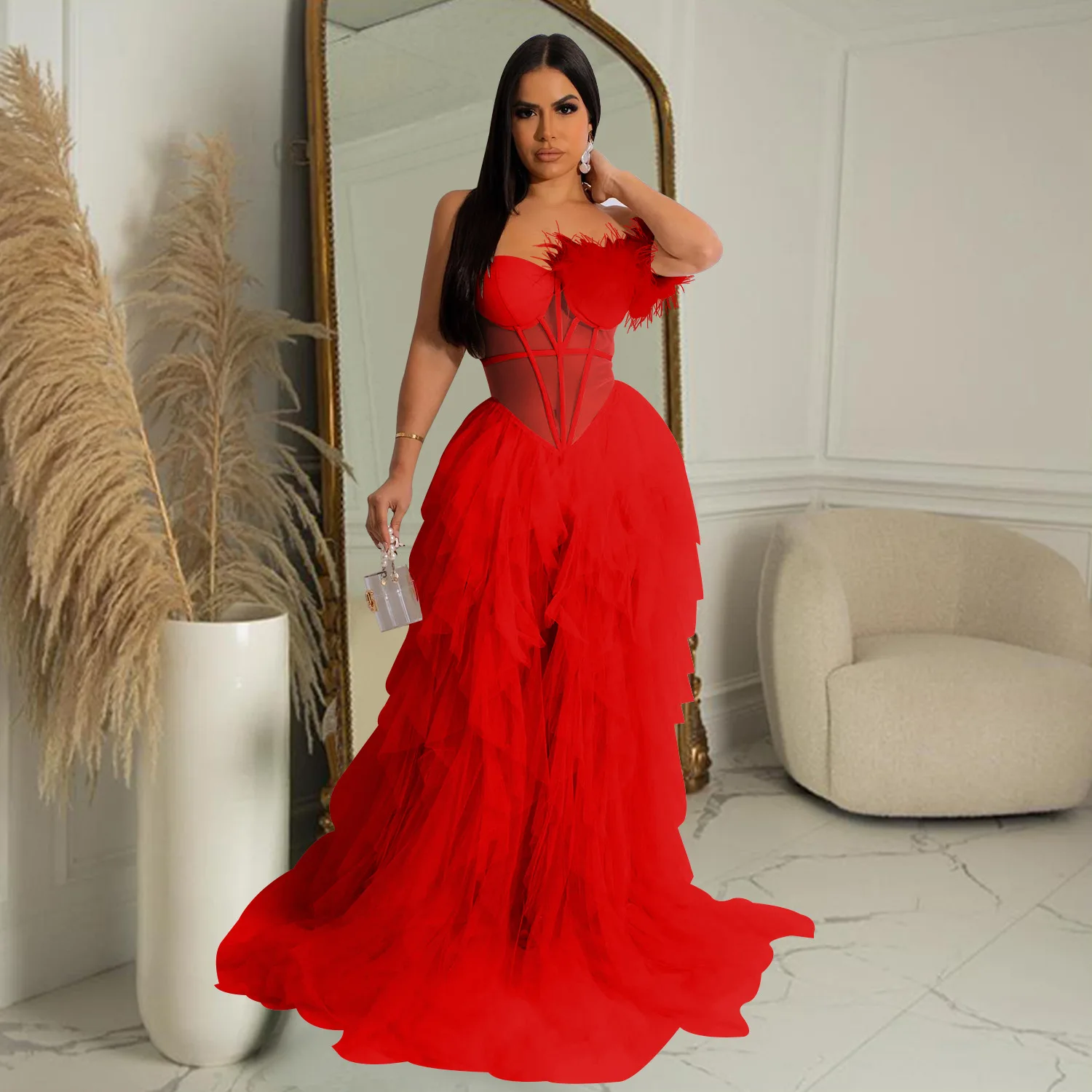 Sexy One Shoulder Mesh Feather Dress Elegant Party Dresses For Women 2024 Sleeveless Backless Strapless Ball Gown Maxi Dress
Sexy One Shoulder Mesh Feather Dress Elegant Party Dresses For Women 2024 Sleeveless Backless Strapless Ball Gown Maxi Dress