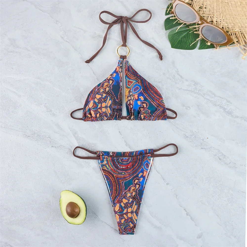 Vintage Print Extreme Micro Bikini Halter String Backless Swimsuit