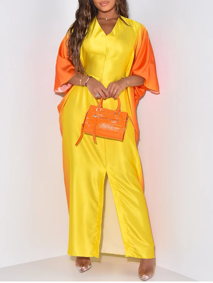 Женское винтажное платье в стиле пэчворк, летнее платье с градиентным принтом, рукавом летучая мышь, V-образным вырезом и разрезом 
Женское винтажное платье в стиле пэчворк, летнее платье с градиентным принтом, рукавом летучая мышь, V-образным вырезом и разрезом