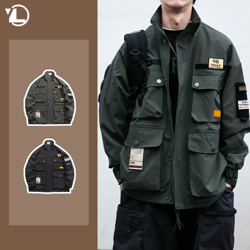 

Mens Pilot Tooling Jacket New Spring Autumn Label Multi Pocket Outdoor Charge Coats Standing Collar Casual Outwear Trend 2024