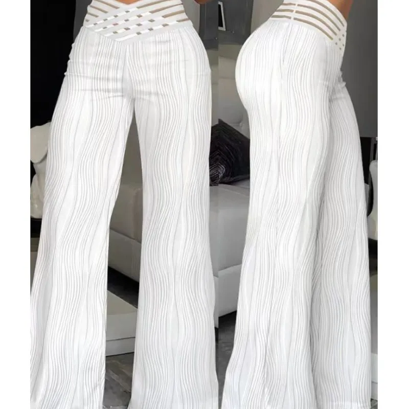 

Female Summer Work Trousers New Elegant High Waist Flared Pants for Women Overlap Waisted Textured Criss Cross Sheer Mesh Design