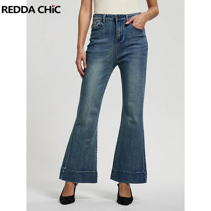 

ReddaChic 90s Retro Flared Blue Jeans Casual Plain High Waist Trousers Stretch Denim Bootcut Pants Y2k Korean Women Bell Bottoms