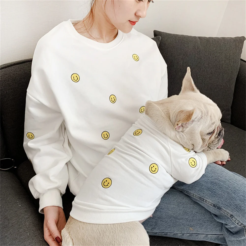 

New Smiley Embroidery Cat Pet Sweatshirt Teddy Fa Cow Clothes Kitten Dog Adult Parent-Child Fashion Trendy 2 Pcs