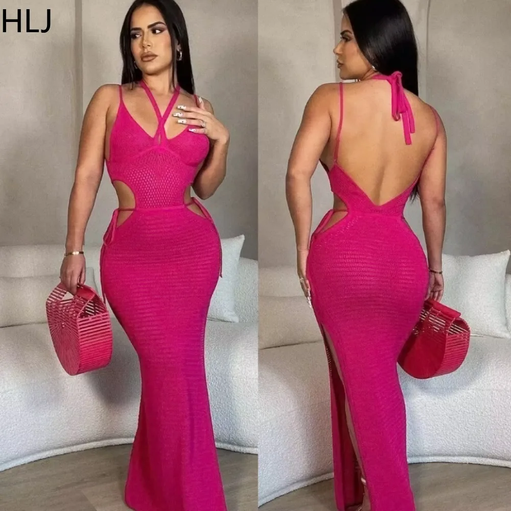 

HLJ Fashion Solid Color Knitting Hollow Out Halter Bodycon Mid Dresses Women Thin Strap Sleeveless Slit Vestidos Sexy Clothing