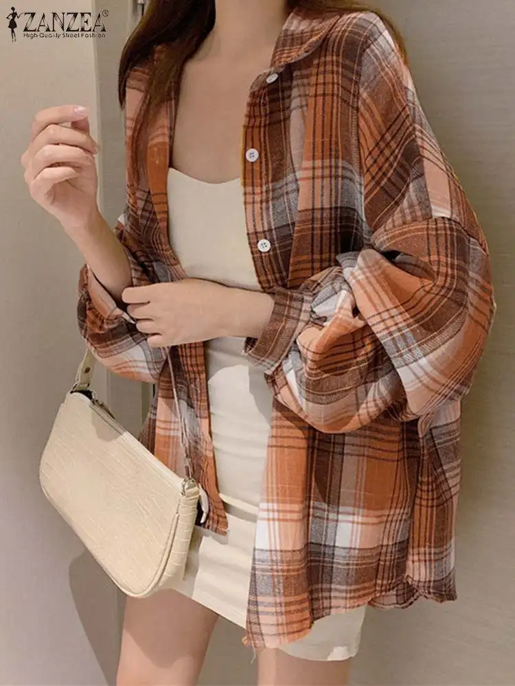 

ZANZEA Fashion Women Shirt Spring Plaid Checked Blouse Vintage Casual Loose Tops Female Lapel Neck Long Sleeve Holiday Blusas